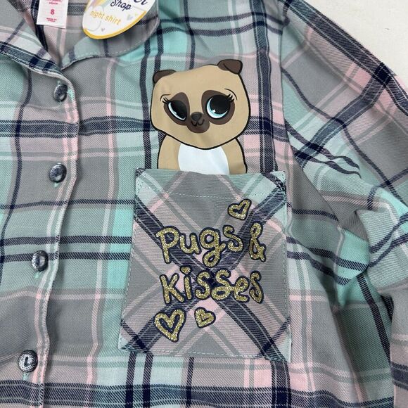 NWT Justice Blue Pink Plaid Button Front Pajama Night Shirt Dress L/S Flannel 8 - Picture 5 of 9